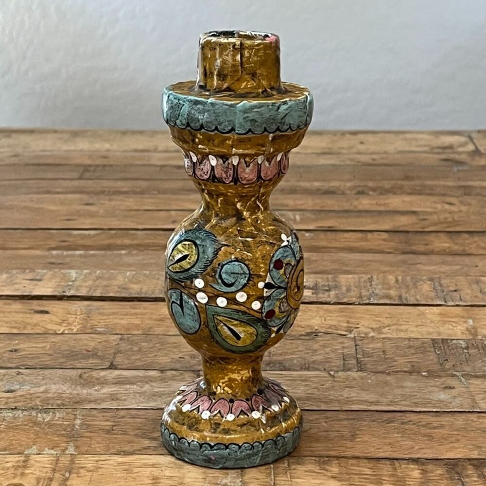 Handcrafted Paper Mache Folk Art Candlestick Holder 7.5 in Multicolor Floral